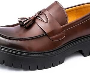 Men's Leather Tassel Platform Penny Loafers Comfort Wide Round Toe Non Slip Lug Sole Slip On Dress Shoes Business Office Casual Shoes
