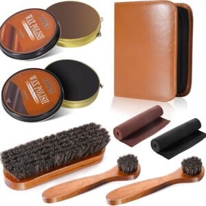Shoe Polish Kit Include 3 Pieces Horsehair Shoe Brushes in 6.7IN Handle, 1.4oz Black & Brown Shoe Polish